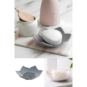 2 Adet Lotus Desenli Sabun Ve Sünger Tutacağı Silikon (gri̇) Su Giderli Lotus Şık Katı Sabunk