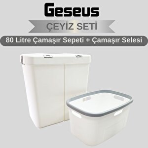 Gümüş Ikili Dokunmatik 80 Lt Çamaşır Sepeti+çamaşır Selesi Çeyiz Seti-mt09