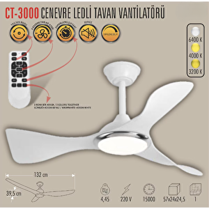 Cenevre Ledli̇ Tavan Vanti̇latörü Beyaz (kumandali) Ct-3000