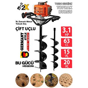 Germanystyle Grmpro630 3.1 Hp 63 Cc Turbo Benzinli Toprak Burgu Makinesi Çift Uçlu 20 Cm +15 Cm