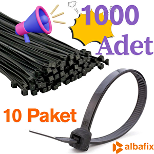 10 Paket 3.6x200 Mm Siyah Plastik Kablo Bağı Klipsi Cırt Kelepçe 1000 Adet