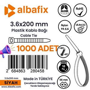 10 Paket 3.6x200 Mm Siyah Plastik Kablo Bağı Klipsi Cırt Kelepçe 1000 Adet