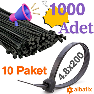 4.8x250 Mm Siyah Plastik Kablo Bağı Klipsi Cırt Kelepçe 1000 Adet