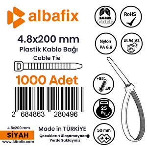 4.8x250 Mm Siyah Plastik Kablo Bağı Klipsi Cırt Kelepçe 1000 Adet