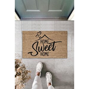 Home Sweet Home Yazılı Dijital Baskı Dekoratif Kapı Önü Paspası 70x45 Cm Kahverengi