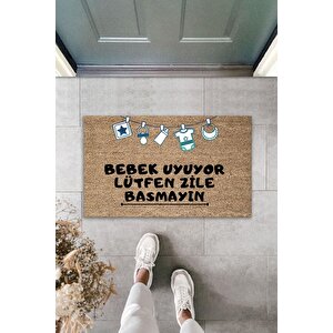 Bebek Uyuyor Lütfen Zile Basmayın Yazılı Dekoratif Kapı Önü Paspası 70x45 Cm Kahverengi