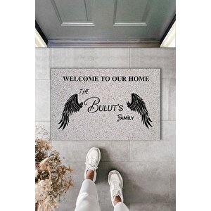 Kişiye Özel Tasarım Welcome To Our Home Paspas 70x45 Cm - Çok Amaçlı Kapı Önü Paspası Gri