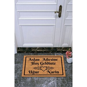 Kişiye Özel Üretim Aslan Ailesine Hoşgeldiniz Yazılı Kapı Paspası Kapı Önü Paspas Kahverengi