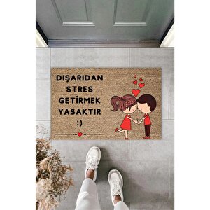 Dışarıdan Stres Getirmek Yasaktır Sevimli Çift Temalı Kapı Önü Paspası Çok Renkli