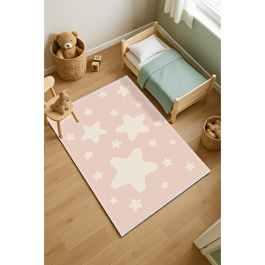 Pembe Yıldızlı Çocuk Odası Yıkanabilir Kaymaz Taban Leke Tutmaz Bebek Ve Çocuk Odası Halısı 180x200 cm