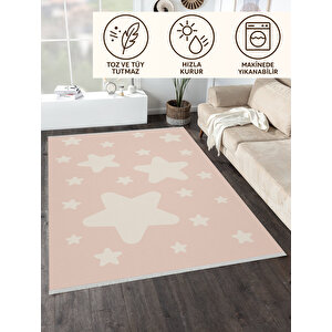 Pembe Yıldızlı Çocuk Odası Yıkanabilir Kaymaz Taban Leke Tutmaz Bebek Ve Çocuk Odası Halısı 180x200 cm