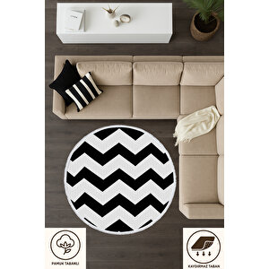Yuvarlak Halı Siyah Beyaz Zigzag Desen Modern Bebek Ve Evcil Dostu Halı 120x120 Cm 60x60 cm