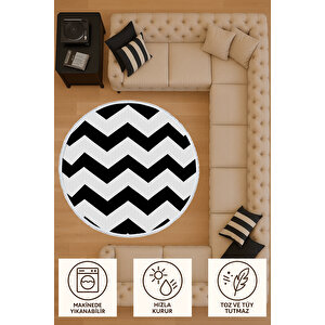 Yuvarlak Halı Siyah Beyaz Zigzag Desen Modern Bebek Ve Evcil Dostu Halı 120x120 Cm 150x150 cm