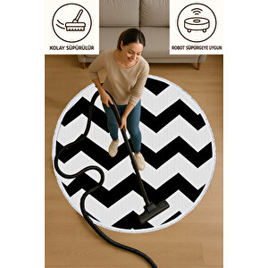 Yuvarlak Halı Siyah Beyaz Zigzag Desen Modern Bebek Ve Evcil Dostu Halı 120x120 Cm 150x150 cm