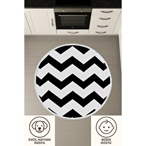 Yuvarlak Halı Siyah Beyaz Zigzag Desen Modern Bebek Ve Evcil Dostu Halı 120x120 Cm