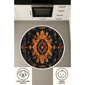 Yuvarlak Halı Siyah Turuncu Retro Oryantal Desen Yıkanabilir Toz Tutmaz Salon Halısı 80x80 cm
