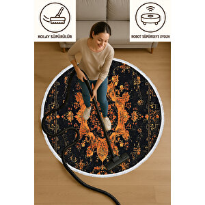 Yuvarlak Halı Siyah Turuncu Retro Oryantal Desen Yıkanabilir Toz Tutmaz Salon Halısı 80x80 cm