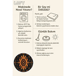 Yuvarlak Halı Siyah Turuncu Retro Oryantal Desen Yıkanabilir Toz Tutmaz Salon Halısı