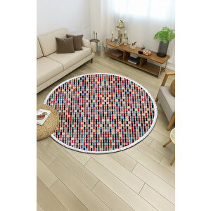Yuvarlak Halı – Renkli Geometrik Desenli | Kolay Süpürülebilir | Robot Süpürge Uyumlu 150x150 cm