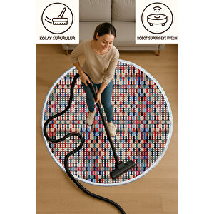 Yuvarlak Halı – Renkli Geometrik Desenli | Kolay Süpürülebilir | Robot Süpürge Uyumlu 150x150 cm