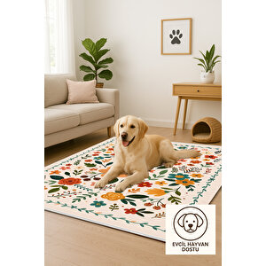 Renkli Çiçek Desenli Halı – Kaymaz & Makinede Yıkanabilir | Bebek Ve Evcil Dostu | 120x180 Cm