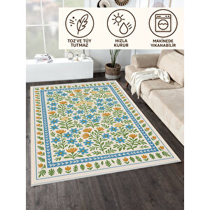 Çiçek Desenli Krem Halı – Kaymaz Ve Yıkanabilir | Bebek Ve Evcil Dostu | Robot Süpürge Uyumlu 80x80 cm