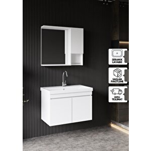 Deniz Banyo Dolabı Seti, 80 Cm Beyaz, Lavabo Dahil, Lavabolu