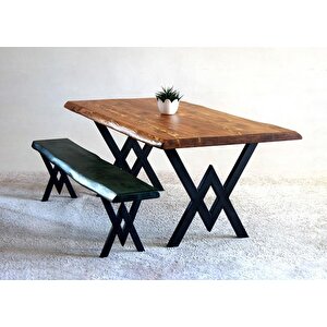 Doğal Ağaç Masif Kütük Masa 90cm X 200cm + 1 Bank Bench ( Metal Ayak )