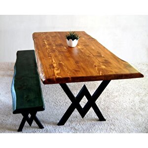 Doğal Ağaç Masif Kütük Masa 60cm X 90cm + 1 Bank Bench ( Metal Ayak )