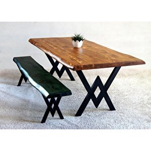 Doğal Ağaç Masif Kütük Masa 75cm X 165cm + 1 Bank Bench ( Metal Ayak )