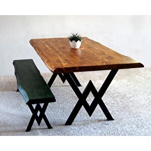 Doğal Ağaç Masif Kütük Masa 75cm X 165cm + 1 Bank Bench ( Metal Ayak )
