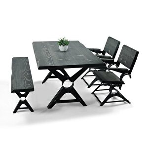 Doğal Ağaç Masif Kütük Masa 75cm X 185cm 1 Bank + 2 Sandalye