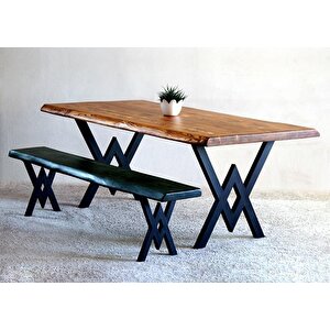 Doğal Ağaç Masif Kütük Masa 75cm X 115cm + 1 Bank Bench ( Metal Ayak )