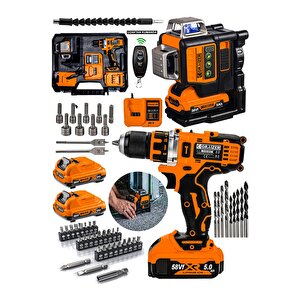 Alman 2"li Set 58 Vf 12 Köşe Otomatik Hizalama Lazer + Akülü Şarjlı Vidalama 84 Parça Setli