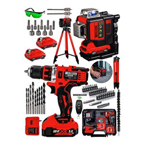 Alman 2"li Set 58 Vf Tripodlu 12 Köşe Otomatik Hizalama Lazer + Akülü Şarjlı Vidalama