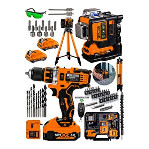 Alman 2"li Set 58 Vf Tripodlu 12 Köşe Otomatik Hizalama Lazer + Akülü Şarjlı Vidalama