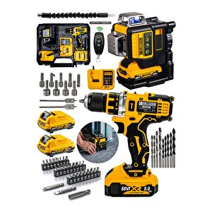 Alman 2"li Set 58 Vf 12 Köşe Otomatik Hizalama Lazer + Akülü Şarjlı Vidalama 84 Parça Setli
