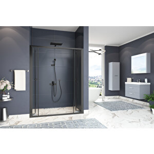 Harmonika Temperli 4 Mm Ön Cephe Katlanır Cam Duşakabin Siyah Profil Şeffaf Cam 163 cm