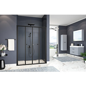 Harmonika Temperli 4 Mm Ön Cephe Katlanır Cam Duşakabin Siyah Profil Şeffaf Cam 170 cm