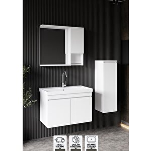 Deniz 80 Cm Lavabolu, Aynalı Banyo Dolabı, Lavabo Dahil, Boy Dolabı Dahil, Beyaz