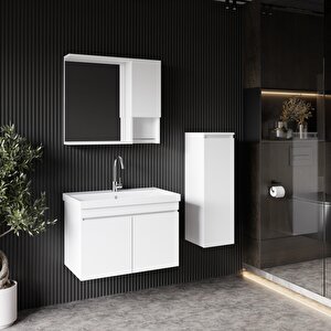 Deniz 80 Cm Lavabolu, Aynalı Banyo Dolabı, Lavabo Dahil, Boy Dolabı Dahil, Beyaz