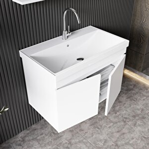 Karen Banyo Deniz 80 Cm Lavabolu, Aynalı Banyo Dolabı, Lavabo Dahil, Boy Dolabı Dahil, Beyaz
