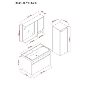 Karen Banyo Deniz 80 Cm Lavabolu, Aynalı Banyo Dolabı, Lavabo Dahil, Boy Dolabı Dahil, Beyaz