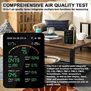 Aek-tech 15'li Aqi,temp,humi,co2,hcho,co,tvoc,pm2.5,pm10,pm1.0,pm0.3 Dedektör Taşınabilir Ev Ofis Hava Kalitesi Ölçüm Cihazı