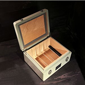 Mezmob İspanyol Sedir Humidor Puro Kutusu Baskı Kilitli Fitilli Haki Yeşil Lake Boya Dijital