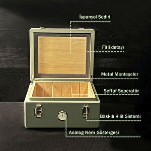 İspanyol Sedir Humidor Puro Kutusu Baskı Kilitli Fitilli Haki Yeşil Lake Boya Analog