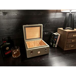 Mezmob İspanyol Sedir Humidor Puro Kutusu Baskı Kilitli Fitilli Haki Yeşil Lake Boya Analog