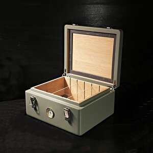 Mezmob İspanyol Sedir Humidor Puro Kutusu Baskı Kilitli Fitilli Haki Yeşil Lake Boya Analog