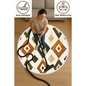 Yuvarlak Halı Etnik Desenli Kahve Yeşil Tonlar Bebek Ve Evcil Hayvan Dostu 150x150