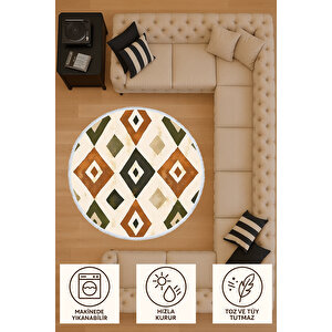 Yuvarlak Halı Etnik Desenli Kahve Yeşil Tonlar Bebek Ve Evcil Hayvan Dostu 150x150